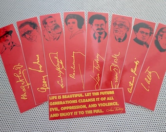 Marxists bookmarks set of 9 handmade portrait book marks gold red Marx Rosa Luxembourg Gramsci Trotsky Althusser Lukacs Engels Bhagat Bloch