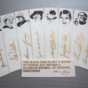Harlem Renaissance bookmarks / set of nine handmade portraits writers poets activists jazz musicians / black white gold metal foil quote blm
