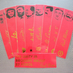 Bladwijzers set communisten / negen handgemaakte portretboekenleggers / zwart goud rood / Marx Mao Castro Stalin Lenin Che Guevara Ho Chi Minh Kim