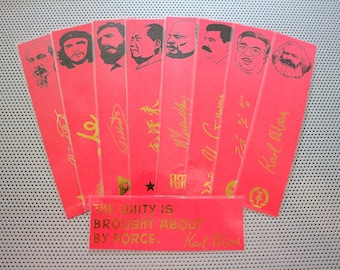 Communists bookmarks set / nine handmade portrait book marks / black gold red / Marx Mao Castro Stalin Lenin Che Guevara Ho Chi Minh Kim