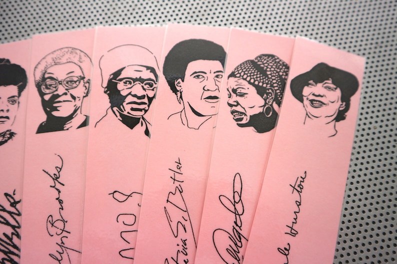 Black women writers bookmarks / set of nine handmade African American portraits poets feminist activists book mark black on pink whm blm image 6