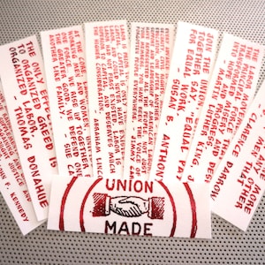 Union Labor bookmarks set of nine handmade quote book marks red White busting workers lefty made Jorts Sabotabby bread roses built organize