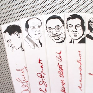 May include: A set of black and white illustrations of famous people, each with their signature in red ink below. The names include: "Oliver Sacks", "E.O. Wilson", "Henry Elliott Clark", "Richard Dawkins", "Roger Penrose", and "Brian Greene".