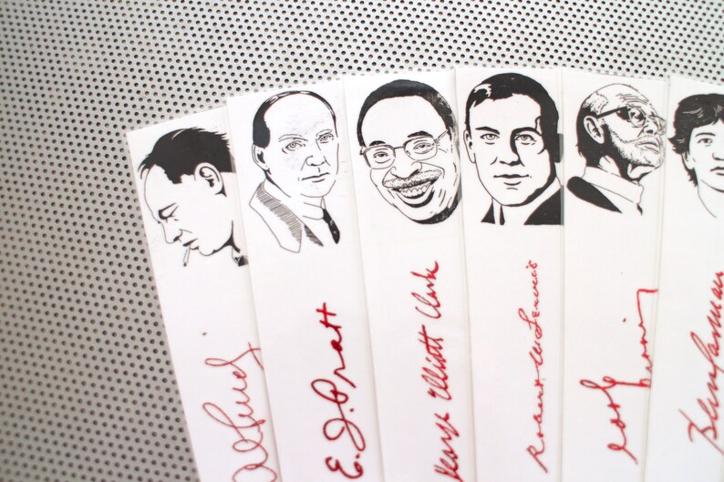 May include: A set of black and white illustrations of famous people, each with their signature in red ink below. The names include: "Oliver Sacks", "E.O. Wilson", "Henry Elliott Clark", "Richard Dawkins", "Roger Penrose", and "Brian Greene".