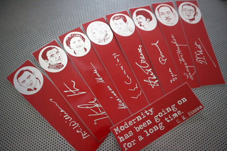 May include: Red bookmarks with white illustrations of people's faces and signatures. The bookmarks have the names of the people written in white script. A small red rectangle with white text reads "Modernity has been going on for a long time. C.H. Sisson."