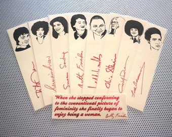Second Wave Feminist bookmark set / nine handmade portraits poets feminist activists writers book mark red linen Greer Friedan Steinem whm