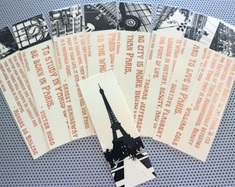 Paris Quotes bookmarks set 9 handmade book marks lovers rose gold metal foil on ivory laminated card / Notre Dame Louvre Arc Eiffel Tower