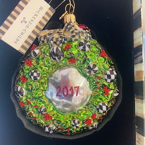Mackenzie Childs Glass Christmas Tree Ornament  Very Hard To Find  - 2017 Wreath with Cardinals and Bells