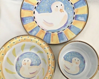Mackenzie Childs Goose Childrens Kids enamel Dinner Set Plate, Bowl and Mug -  Rare, retired more styles available Next day Free Shipping