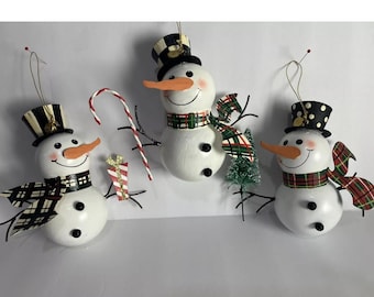 Mackenzie Childs set of 3 snowman christmas tree ornament courtly check new in box rare retired holiday decoration 2 sets available