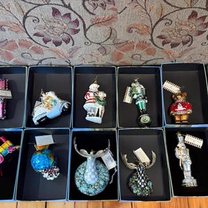 Mackenzie Childs 14 glass christmas ornaments moose frog nutcracker bears globe rabbit santa deer motorcycle train dog pink cadillac new