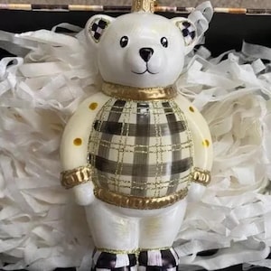Mackenzie Childs Courtly Check Teddy bear Glass Christmas Tree Ornament  Very Hard To Find