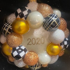 Mackenzie Childs Glass Christmas Tree Ornament  Very Hard To Find - 2020 Wreath courtly check black white gold