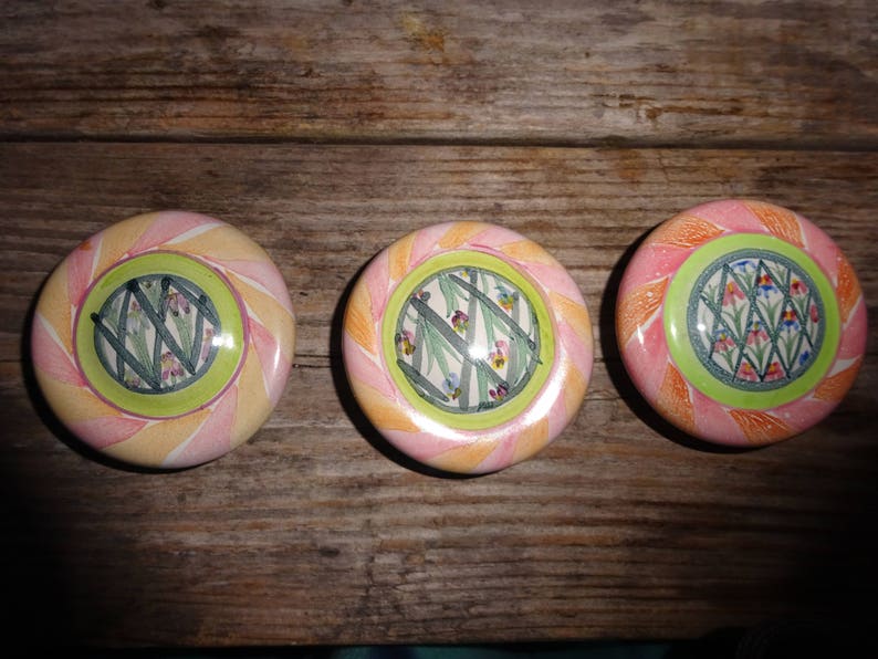 3 Mackenzie Childs Ceramic pottery handpainted Cabinet Dresser Pull Knob with Hardware More available WHIMSICAL Handle yellow Black White