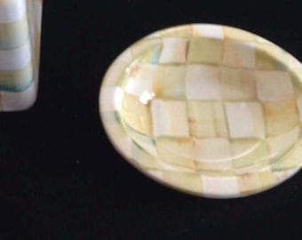Mackenzie Childs Parchment Check Cream & White Enamel Soap Dish Bathroom Accesory