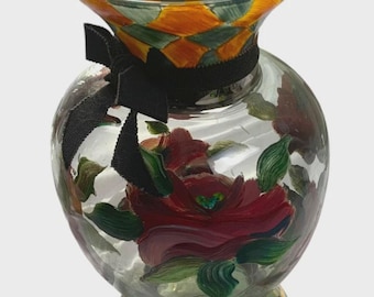 Mackenzie Childs Victoria Richard Vintage Courtly Check Blume wunderlich atemberaubendes Glas große Vase im Ruhestand selten