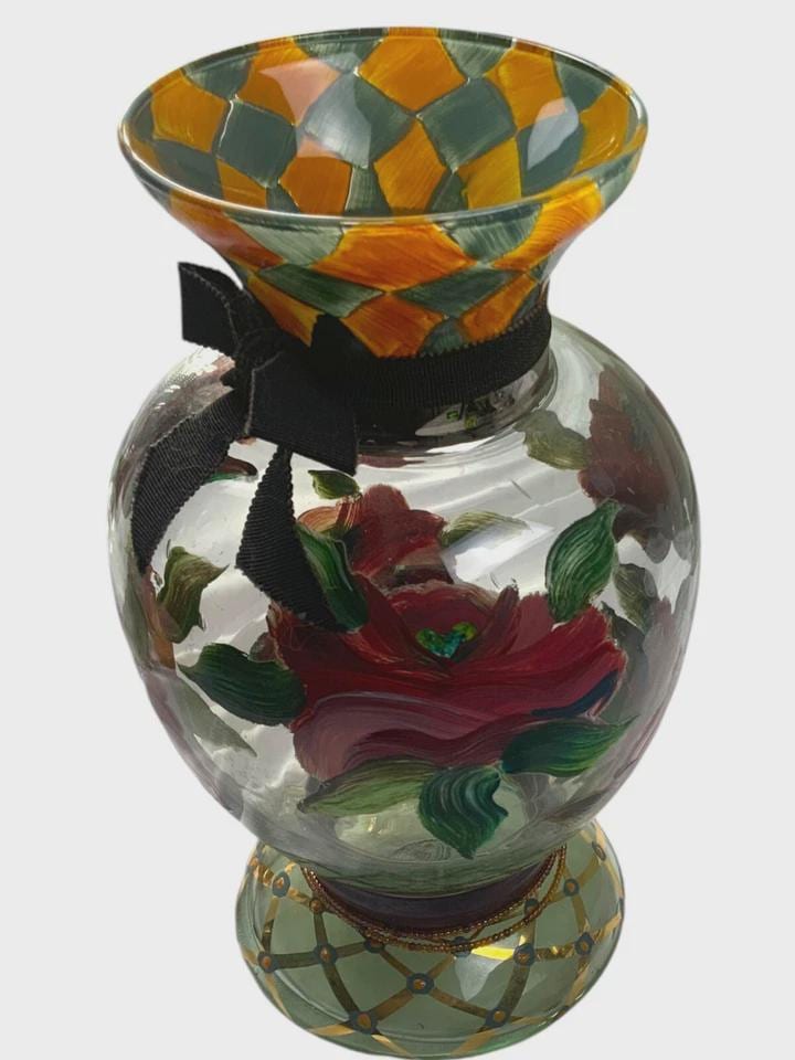 Mackenzie Childs Victoria Richard Vintage Courtly Check Flower Whimsical Stunning Glass Large Vase Retired Rare