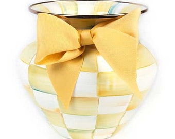 Mackenzie Childs Parchment Check Enamelware bulb Vase Rare with ribbon, Hard to find and retired - Free Shipping - Many pieces available