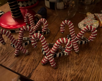 Mackenzie Childs set of 4  candy cane beaded napkin rings holders red white designer - new - 12 total available