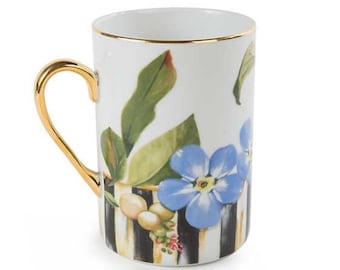 Mackenzie Childs Bee and Thistle Ceramic Pottery Gold Courtly Check Coffee Mug Cup Aurora NY Stunning RETIRED Rare - 10 available NEW