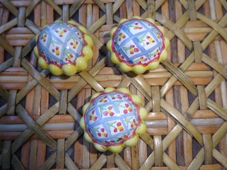 3 Mackenzie Childs Ceramic pottery handpainted Cabinet Dresser Pull Knob with Hardware More available WHIMSICAL Handle yellow Black White