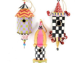 Mackenzie Childs - Juego de 3 adornos navideños con diseño de cuadros escoceses y casitas para pájaros - Más artículos navideños a la venta NUEVOS en CAJA