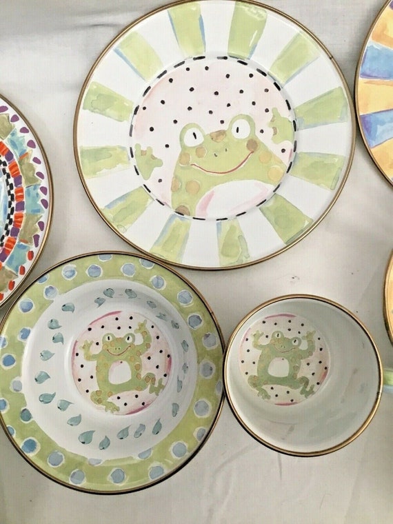 Mackenzie Childs Frog Childrens Kids Enamel Dinner Set Plate, Bowl