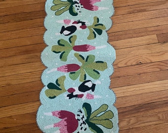 Mackenzie Childs Bunny rabbit radish courtly stripe Rare beaded Easter egg Whimsical Table Runner Stunning Free Shipping