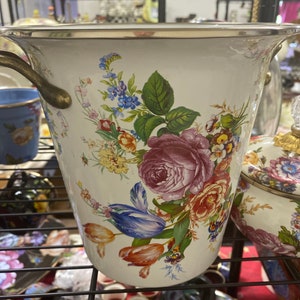 Mackenzie Childs White Flower Market ijsemmer wijnkoeler plantenbak handvatten nieuw emaille
