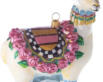 Mackenzie Childs Rosey Lama Grappig Nieuw in doos kerstboomversiering Zeer moeilijk te vinden hoofse ruit streep roze rozen boerderij Geweldig cadeau