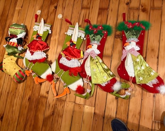 Patience Brewster Dept 56 Set of 5 Christmas Stockings whimsical birds eagles frog mackenzie childs  - holiday decoration rare Retired new