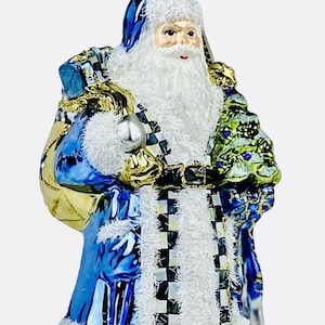 Mackenzie Childs royal blue santa hand blown glass Christmas Tree ornament decoration courtly check new in heirloom box made in Poland