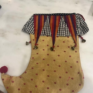One Mackenzie Childs  Christmas Tree fabric plaid tassels beaded jester stocking Holiday decor - Rare & retired - 4 available