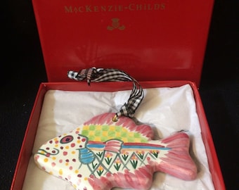 MacKenzie-Childs Pottery Whimsical Pink FIsh Christmas tree ornament  Aurora  RARE- New in Decorative Box - Rare Retired unique