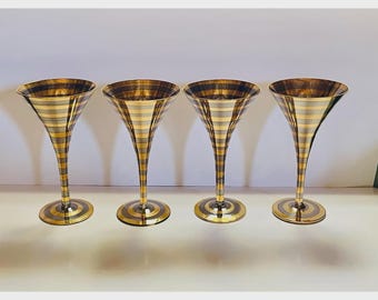 4 Mackenzie Childs goud gouden uur champagneglazen fluitglazen - designer prachtige barware-drinkgerei