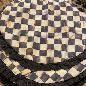 ONE Mackenzie Childs Fabric Courtly black and white Check Round Ruffle Placemats - 12 available  Rare & Retired High-End Table Decor