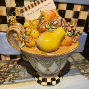 Mackenzie Childs stunning fruit pear apple Glass Christmas Tree Ornament - courtly check della robbia teacup rare and retired made in Poland