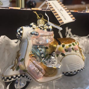 MacKenzie-Childs glass SCOOTER MOTORCYCLE courtly check Christmas tree ornament  RARE-  Free Shipping rare and retired New in Box