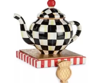 2 mAckenzie Childs courtly check teapot Stocking WREATH - TASSEL  Holder Hanger -  Christmas Decoration  rare new in box free shipping