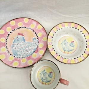 Mackenzie Childs geëmailleerde kinderservies met kip voor kinderen bord, kom en mok - zeldzaam, gepensioneerd meer stijlen beschikbaar volgende dag gratis verzending