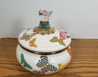 Mackenzie Childs Butterfly Garden Courtly Check Squash Pot canister lidded jar Gorgeous cream and white Enamel more pieces available