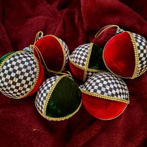 Mackenzie Childs six velvet gold red green  Patchwork  christmas Tree Ornaments Rare Retired  NEW free shipping