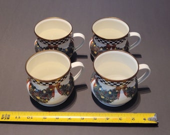 Mackenzie Childs Set of 4 evergreen Christmas tree courtly check nEW Coffee Mugs Cups enamel FREE SHIPPING
