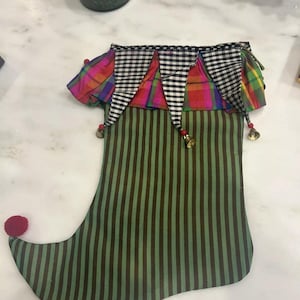 One Mackenzie Childs  Christmas Tree fabric plaid tassels beaded jester stocking Holiday decor - Rare & retired - 4 available