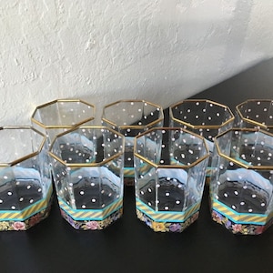 Set of 6 Mackenzie Childs rocks cocktail Glass glasses avail Designer Blue Check & Stripe Handpainted  16 total available