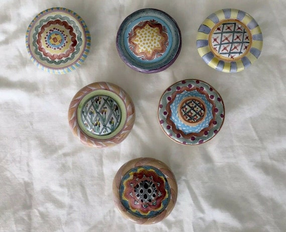 Mackenzie Childs Ceramic Round Set Of 6 Cabinet Dresser Etsy