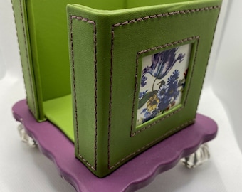Mackenzie Childs Purple Green Flower Market Enamel & Leather Footed Designer Notepad Holder