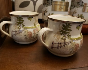 Mackenzie Childs Aurora Farm yard courtly check Finger Lakes NY cows barn farmer enamel set 2 coffee mugs vintage more pcs avail FREE SHIP