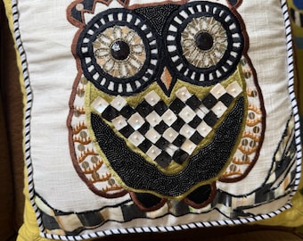 Mackenzie Childs Courtly Check Owl Pillow - selling a store full of Mackenzie Childs - Fair Haven Finds