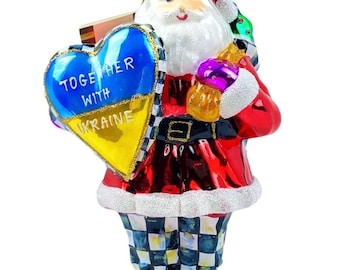 Mackenzie Childs Heart Ukraine Santa Christmas Tree glass Ornament  Very Hard To Find  -  courtly check rare retired